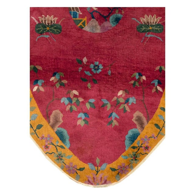 Art Deco Galerie Shabab Collection Oval Mid-20th Century Handmade Chinese Art Deco Accent Rug in Red and Goldenrod For Sale - Image 3 of 9