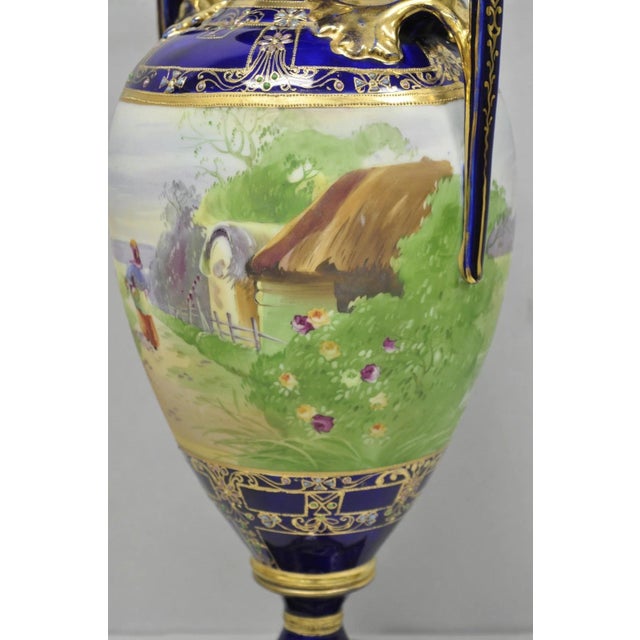 Antique Nippon Hand Painted Cobalt Blue Porcelain Twin Handle Bolted Urn Vase For Sale - Image 11 of 18