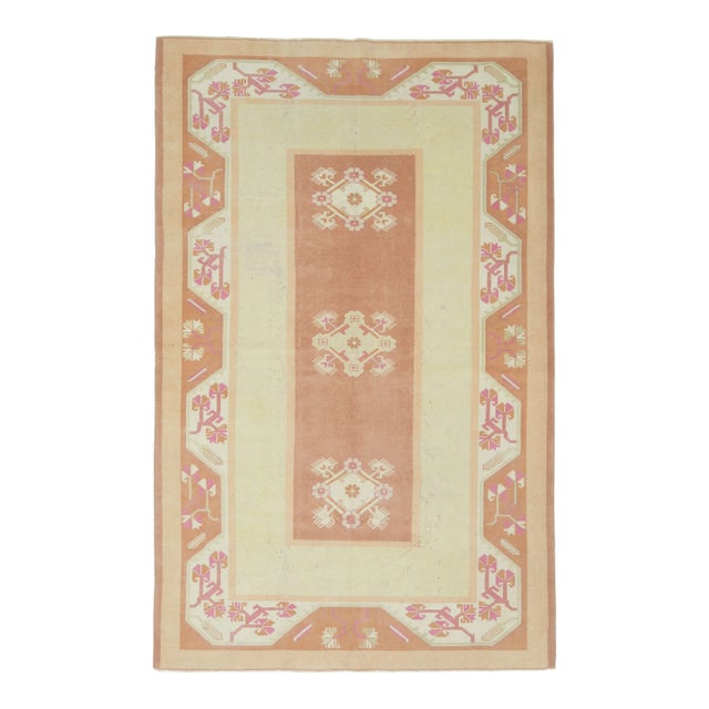 1970s Vintage Turkish Oushak Handmade Wool Cotton Cream Area Rug For Sale