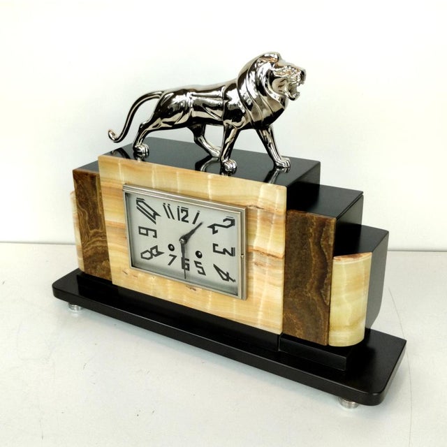 French Art Deco Mantel Clock with Chrome-Plated Bronze Lion, 1930s For Sale - Image 12 of 18