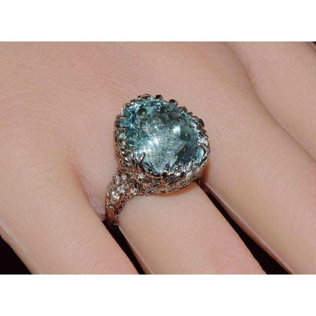 Metal Gia Certified 16.03ct Aquamarine & Diamond 18k Gold Maple Leaf Sculptural Ring, Size 5.25 For Sale - Image 7 of 15