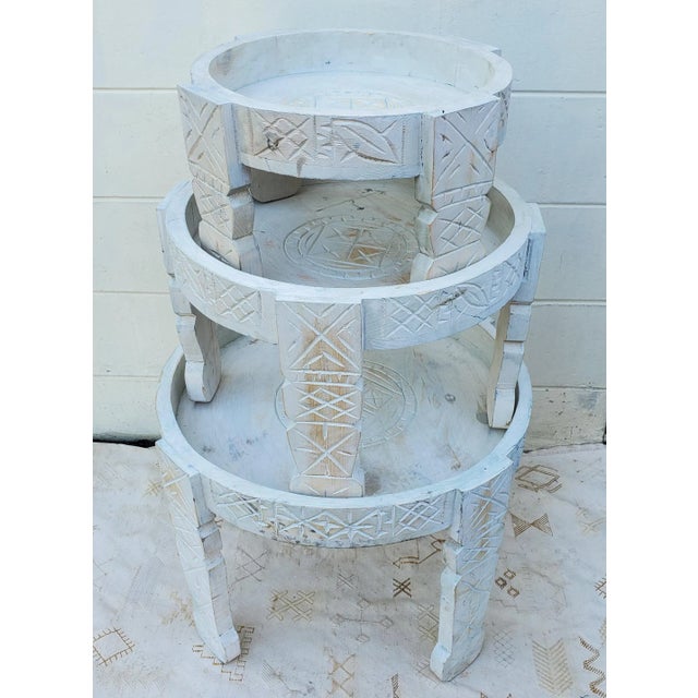 Moroccan Hand Carved White Wash Wooden Table / Berber Style Tayfour Set of 3 For Sale In Orlando - Image 6 of 6
