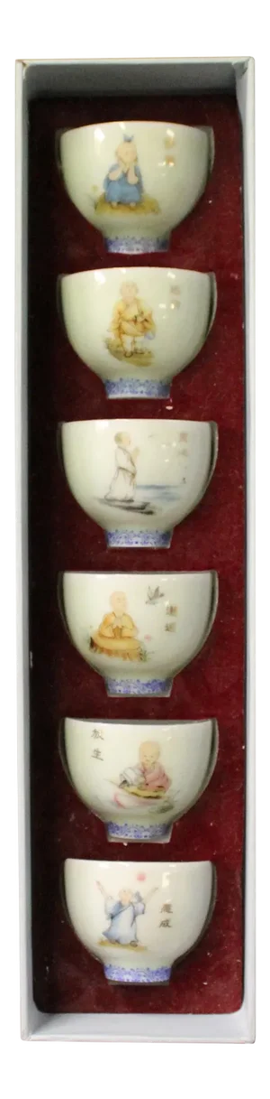 Chinese Off White Kid Lohon Graphic Porcelain Handmade Tea Cup 6 Pieces Set