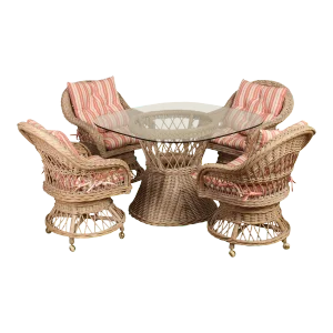 Vintage Boho Style Wicker Rattan Five Piece Dining Set
