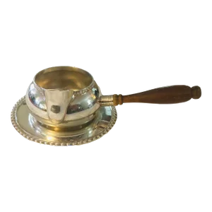 Antique Silver Plate Pipkin Brandy Sauce Warmer With Wood Handle and Under Plate