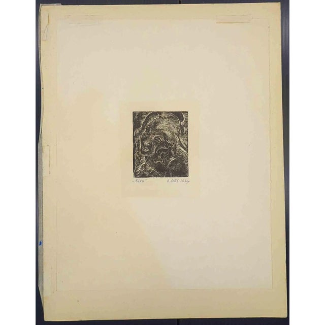 Sita is an artwork realized by Arthur Greuell mid-20th century. Woddcut print, 6 x 6,5 cm. It includes passepartout. Good...