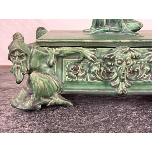 Green Early 20th Century Atlantic Terracotta Company Arts and Crafts Pottery Lidded Box Gnomes Grotesque For Sale - Image 8 of 17