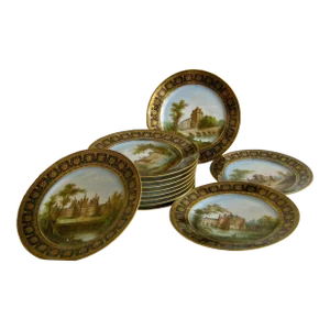 Early 19th Century Sevres Cobalt Bleu French Castles Landscape Plates- Set of 12