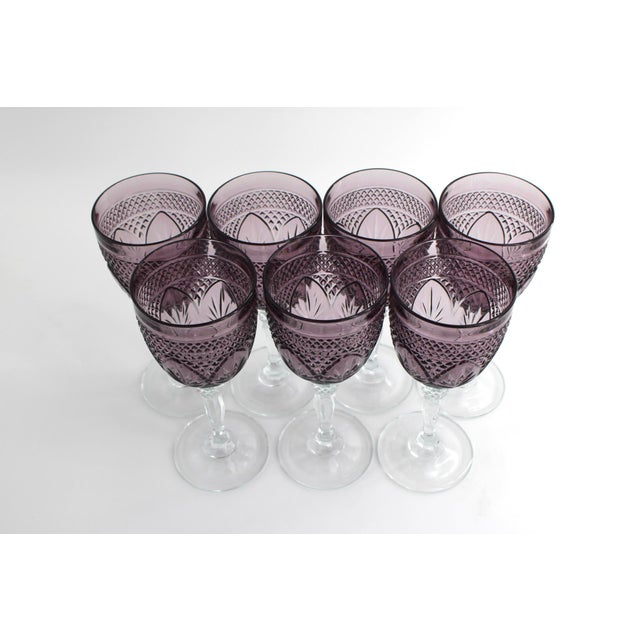 Lot of 7 Purple Amethyst Water Wine Crystal Goblets Glasses by Cristal D'Arques, 8” Tall Excellent condition!