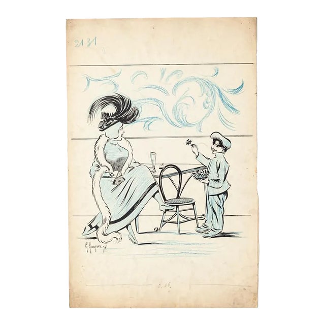 Cafe - Original Drawing on Paper by G. Garguer - 20th Century 20th Century For Sale