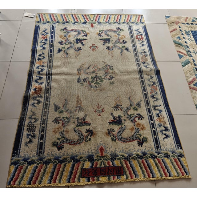 Chinese 1920s Ivory Dragon Antique Chinese Silk & Metallic Threads Carpet 4'3" X 6'3" Handknotted Wool Rug For Sale - Image 3 of 14