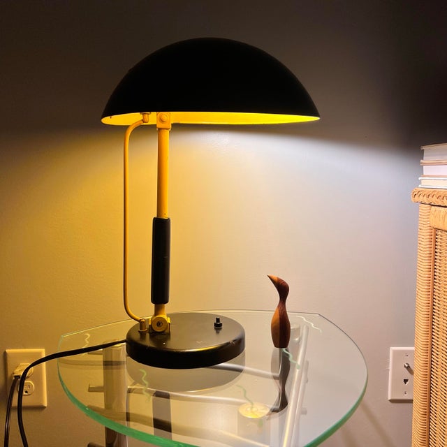 Mid-Century Modern 1930s Karl Träbert Designed Black and Yellow Dome Metal Desk Lamp, Vintage Bauhaus For Sale - Image 3 of 12