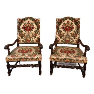 Late 19th Century Pair of Hand-Carved French Baroque Revival Walnut Tapestry Armchairs For Sale