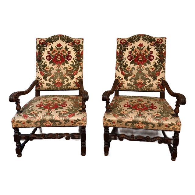 Late 19th Century Pair of Hand-Carved French Baroque Revival Walnut Tapestry Armchairs For Sale