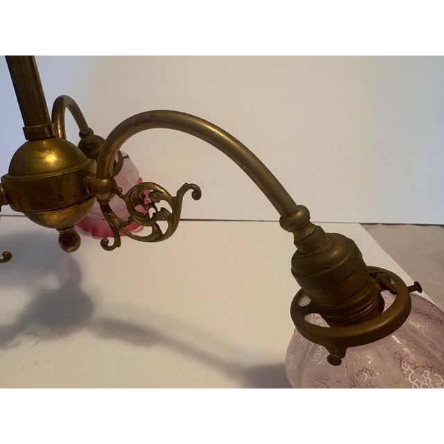 Early 20th Century Brass 3-Light Chandelier With Pink Glass Shades For Sale - Image 4 of 12