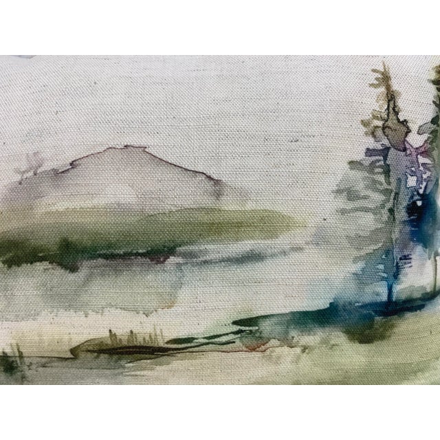 Small Bolster Pillow Decorated With a Rustic Water Color-Look Landscape Featuring Roaming Bison & Towering Trees - Made in Uk. For Sale - Image 10 of 11