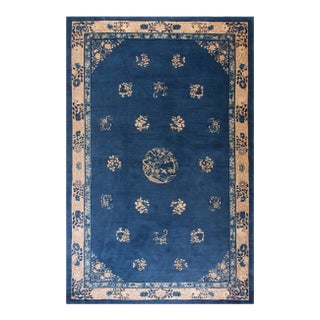 1900s Royal Blue Medallion Antique N. Chinese Peking Rug 12'2" X 18' Handknotted Wool Carpet For Sale
