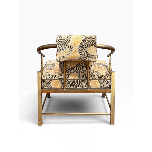 Brass Vintage Pair of Empress Brass Lounge Chairs Attributed to Mastercraft in Clarence House Tibet Fabric For Sale - Image 8 of 16