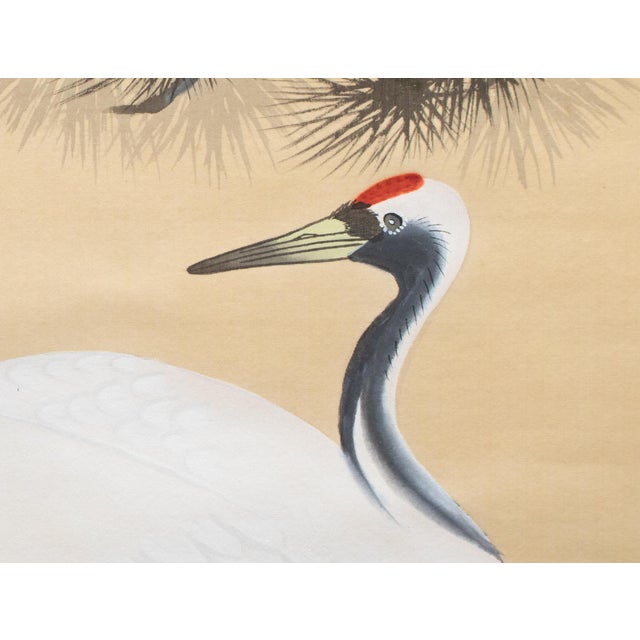 Textile 1930s Showa Era Japanese Watercolor Scroll Painting, "Cranes on the Pine Tree" For Sale - Image 7 of 12