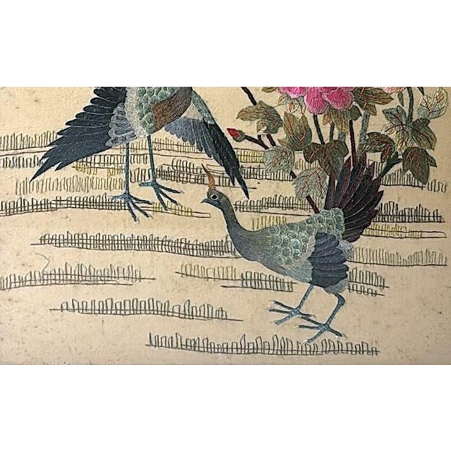 Antique Chinese Silk Embroidery Panel With Peacocks, Peonies, and Bamboo For Sale - Image 10 of 18