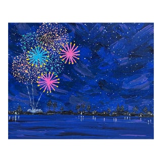 Celebrate 4 Fireworks Scene Acrylic Painting 8" X 10" Original Wall Art Unframed For Sale