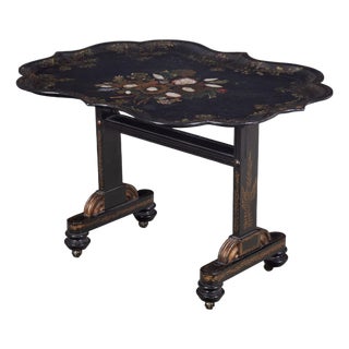 Antique Mother of Pearl Papier Mache Tilt Top Tray Table For Sale