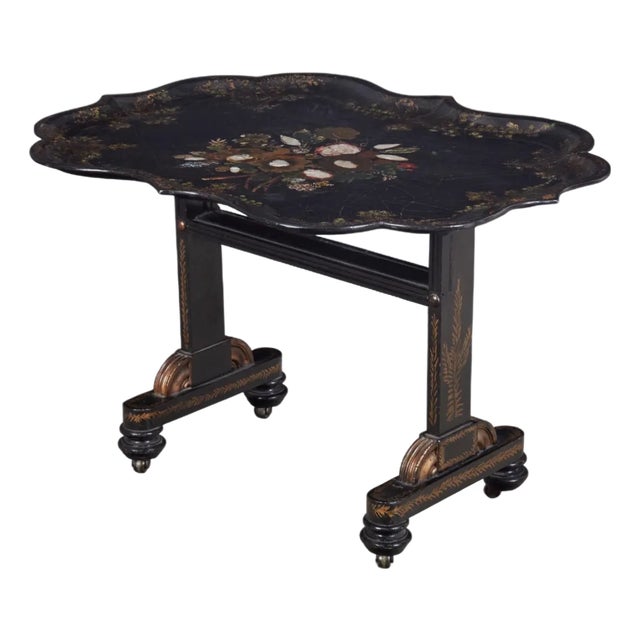 Antique Mother of Pearl Papier Mache Tilt Top Tray Table For Sale