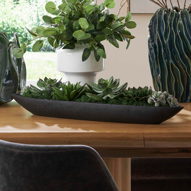 Lush Succulents Nestled Into A Bed Of Reindeer Moss And Displayed In A Cast Black Man-made Stone Boat Container. Vintage,...