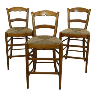 Set of 3 Country French Style Counter Chairs W. Rush Seats For Sale