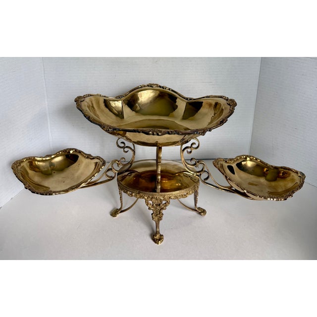 French Revival Brass Epergne Centerpiece With Three Scalloped Removable Bowls For Sale - Image 11 of 16