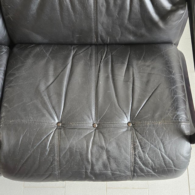 Vintage Scandinavian Two-Seater Sofa in Black Leather and Curved Wood, 1970s For Sale - Image 13 of 18