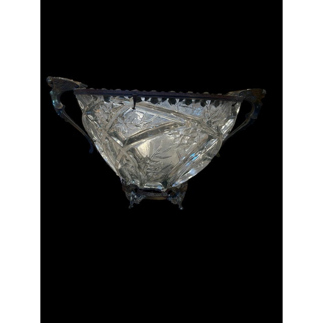 Transparent Beautiful Antique Art Nouveau Clear Cut Glass Bowl Winged Angels Brass Footed C. 1915 For Sale - Image 8 of 12