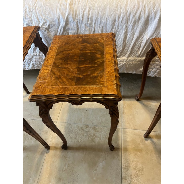 Set of 3 1930s Carved Burr Walnut Nesting Tables For Sale - Image 4 of 12