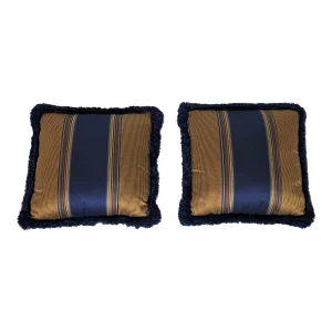 Pair of 1980s Blue and Gold Striped Silk Pillows With Blue Fringe