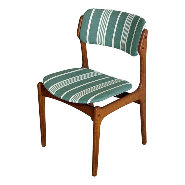 In Style of Erik Buch Model 49 Teak Dining Chair Green Striped Upholstery Danish Mid-Century Modern 1960s For Sale