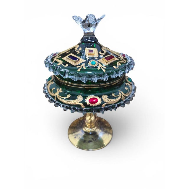 Venetian Emerald Green Glass Covered Bonbonnière with Gilt Decoration and Jewele, 1950 For Sale - Image 9 of 14