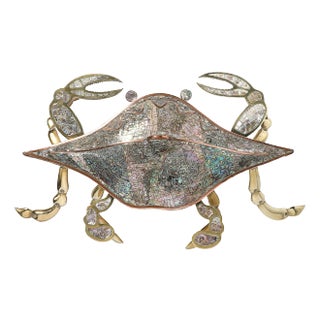 Mid-Century Modernist Tessellated Abalone & Sculptural Brass & Copper Crab Box For Sale