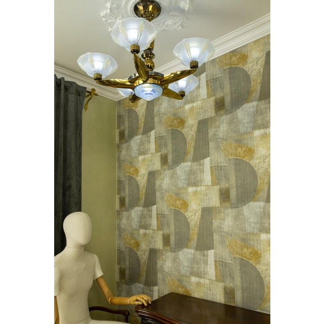 Metal Art Deco Bronze and Opalescent Glass Six-Light Chandelier attributed to Ezan, France For Sale - Image 7 of 18
