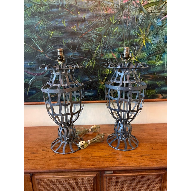 Mid 20th Century Vintage Hand-Forged Wrought Iron Basket Form Table Lamps, a Pair For Sale - Image 5 of 10