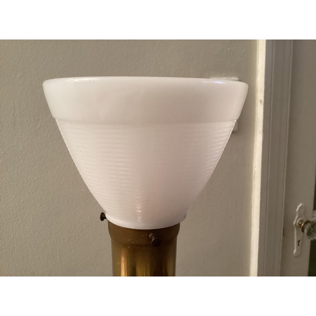 1960s Vintage Torchiere Brass Floor Lamp With Milk Glass Shade For Sale - Image 5 of 16