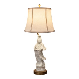 Vintage Blanc De Chine Style Porcelain Guanyin Figural Table Lamp With Brass Base For Sale