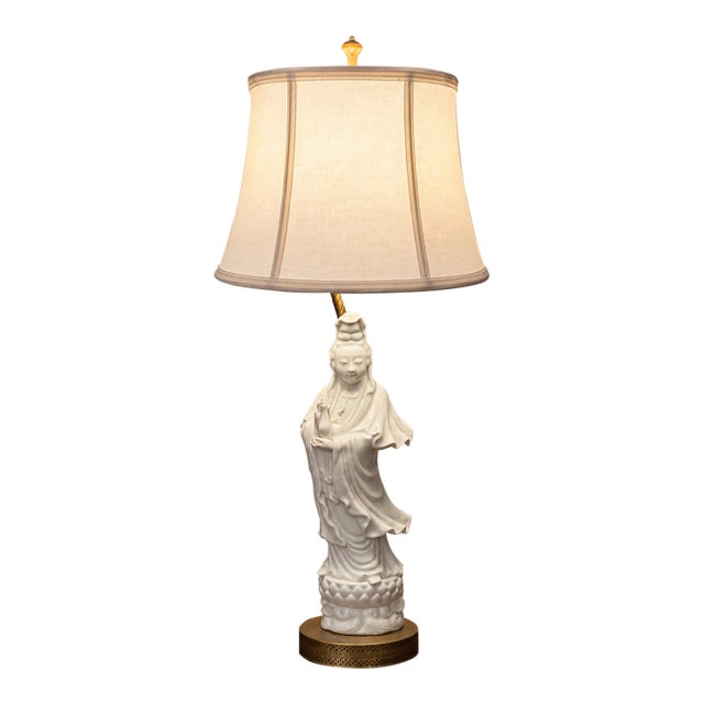 Vintage Blanc De Chine Style Porcelain Guanyin Figural Table Lamp With Brass Base For Sale