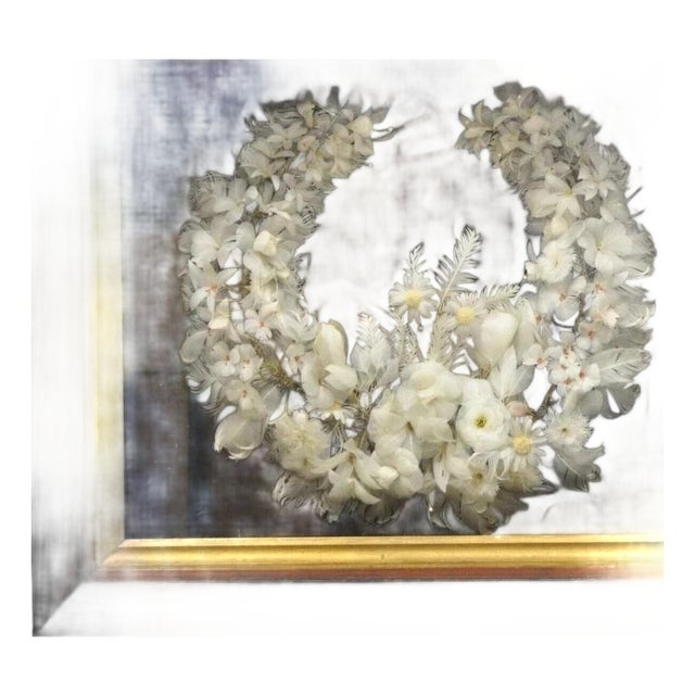 Antique Victorian White Feather Flower Mourning Wreath Mahogany Shadow Box Frame For Sale