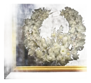 Antique Victorian White Feather Flower Mourning Wreath Mahogany Shadow Box Frame