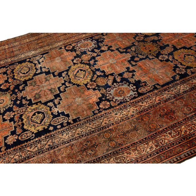 1920s Antique Floral Persian Malayer Gallery Wool Rug in Navy For Sale - Image 5 of 9