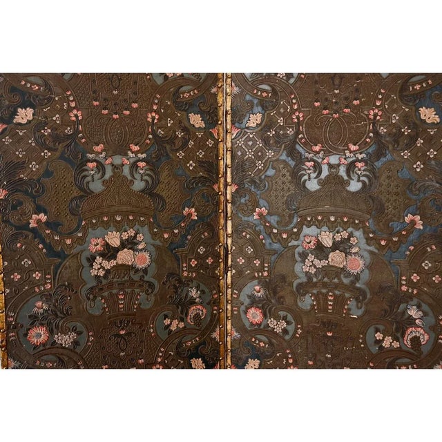 Spanish 19th Century Tooled & Painted Leather Folding Screen For Sale - Image 4 of 10