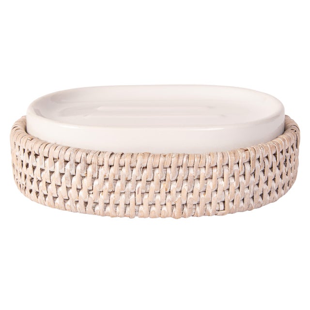 Coastal Artifacts Rattan Oval Soap Dish with Ceramic Insert, White WashA For Sale - Image 3 of 5