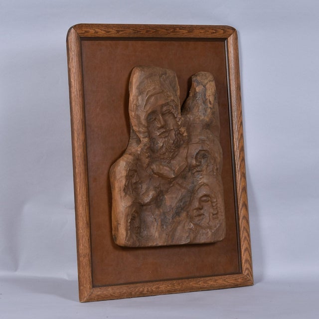 Brown Hand-Carved Wood Relief Portrait With Leather Backdrop and Oak Frame For Sale - Image 8 of 13