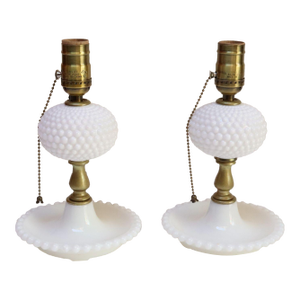 Pair of Petite Mid-Century Modern Hobnail Milk Glass Saucer Boudoir Bedside Table Lamps