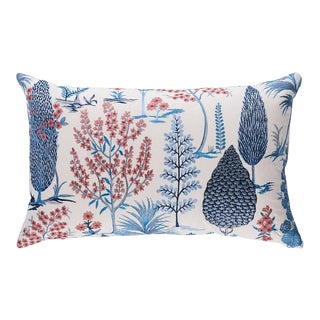 Schumacher Pandora Embroidery Lumbar Pillow in Delft & Rose For Sale